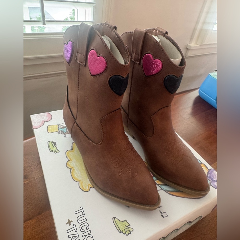Tucker + Tate Brown Kids Western Boots with Pink & Black Heart Patches